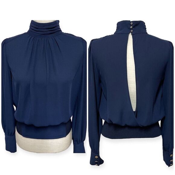 Double Zero Open Back Mock Neck Blouse (Navy Blue) - Small - Picture 1 of 9